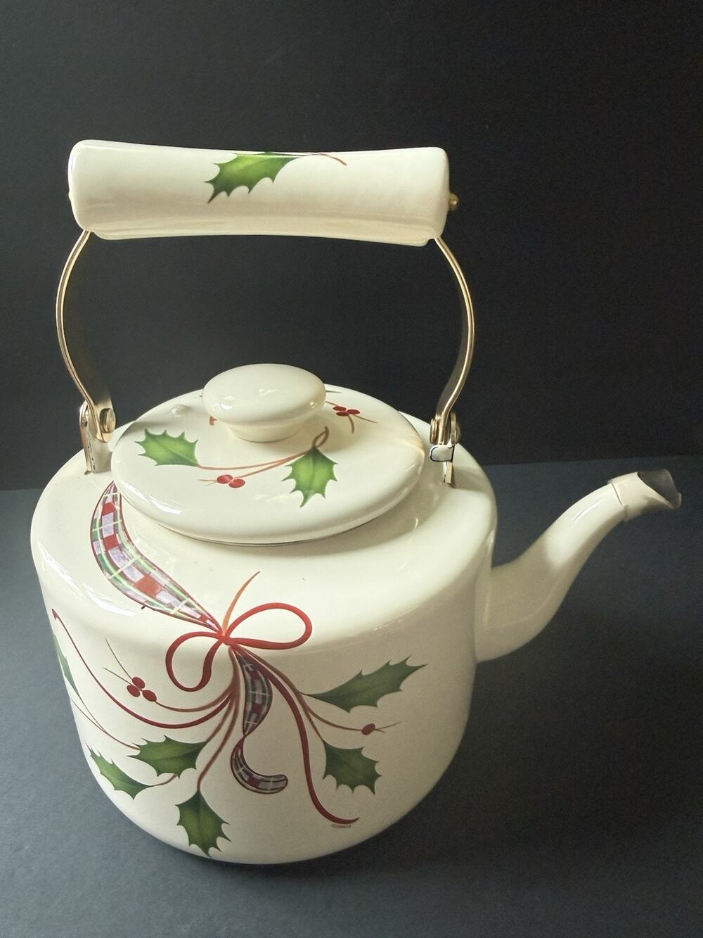 Lenox Holiday Nouveau Teakettle Enamel Metal Christmas Winter Holly Tartan Plaid